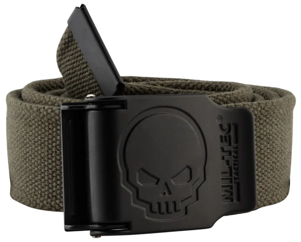 Ceinture Olive Boucle Tete De Mort 4cm X 130cm-0