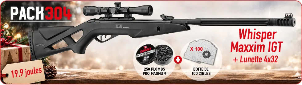Pack Gamo Whisper Maxxim IGT Noël 2026 - Carabine 19,9 J + Lunette 4x32 + 250 Plombs + 100 Cibles