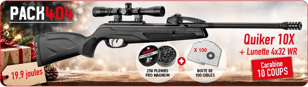 Pack Gamo Quiker 10X Noël 2026 - Carabine 19,9 J + Lunette 4x32 WR + 250 Plombs + 100 Cibles